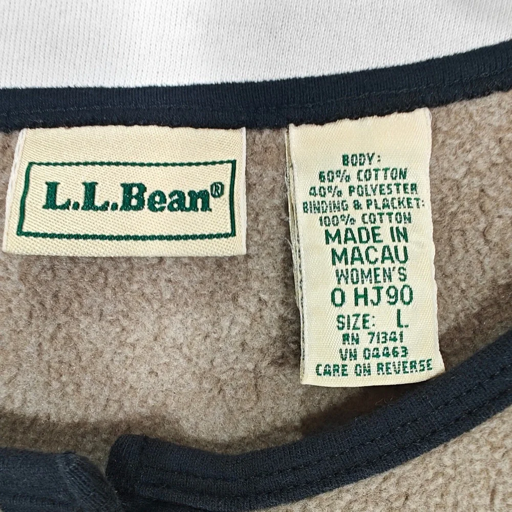 LL Bean Womens Fleece Pullover Large Taupe Brown Button Up Sunburst Buttons HJ90